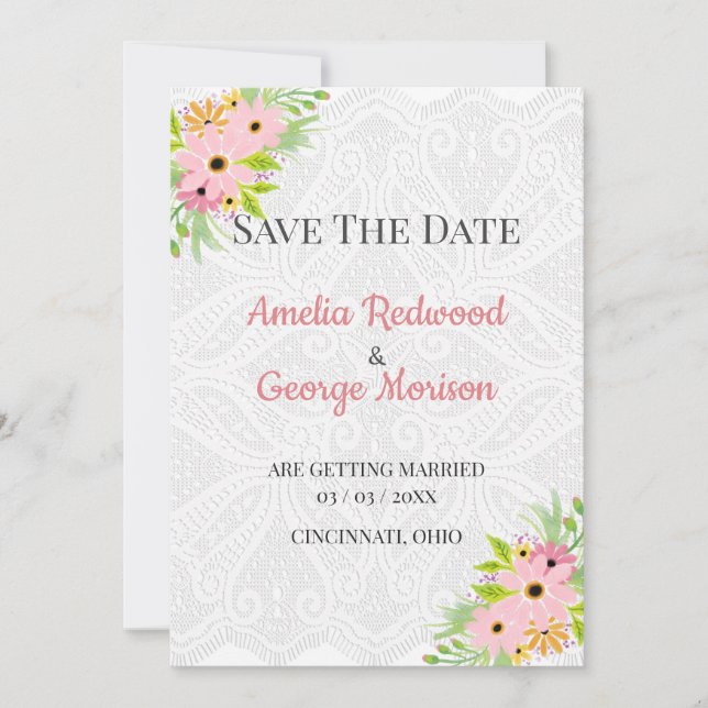 White Lace And Flowers Save The Date (Front)