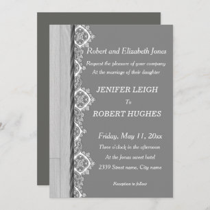 White lace and grey rustic wooden wedding invitation