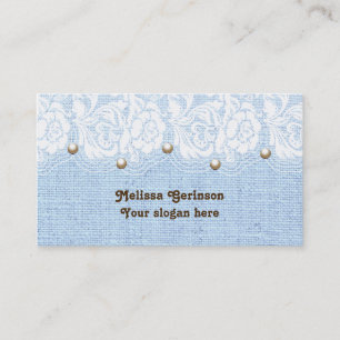 White lace and pearls on blue coloured burlap business card