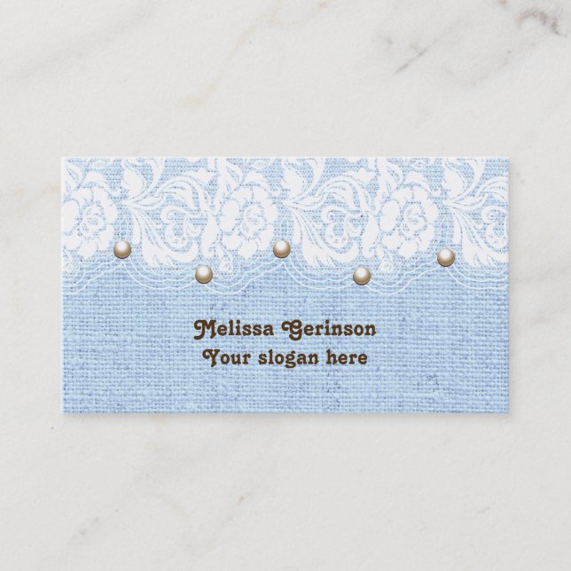 White lace and pearls on blue coloured burlap business card (Front)
