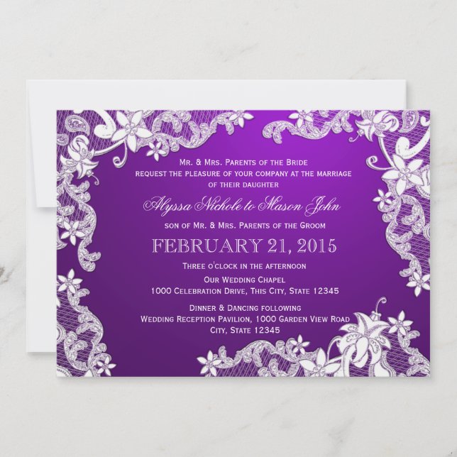 White Lace and Purple Wedding Invitation (Front)