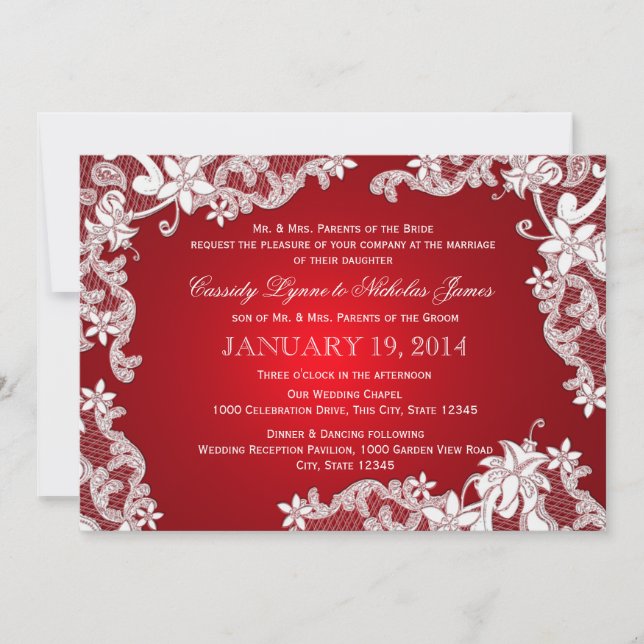 White Lace and Ruby Wedding Invitation (Front)