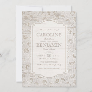 White lace and wood rustic country wedding invitation