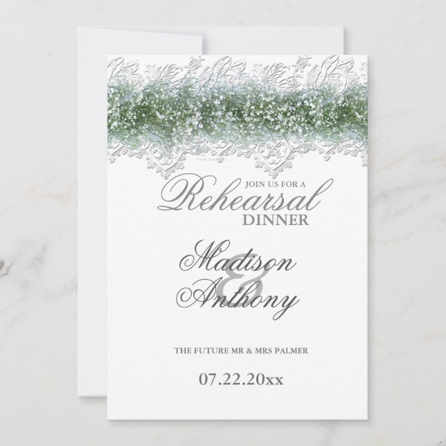 White Lace & Babies Breath Rehearsal Dinner Invitation (Front)
