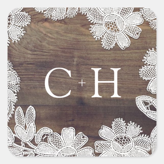 White Lace | Barn Wood Monogram Wedding  Square Sticker (Front)