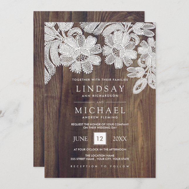 White Lace | Barn Wood Wedding Invitation (Front/Back)