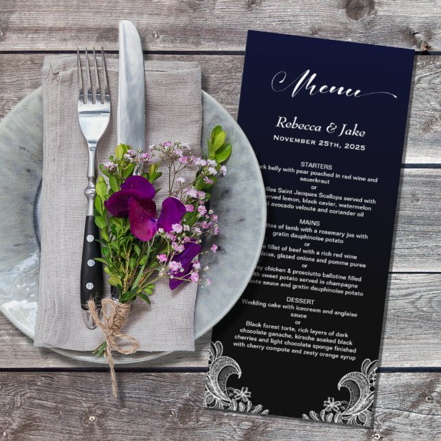 White Lace Black and Blue Wedding Menu (Creator Uploaded)