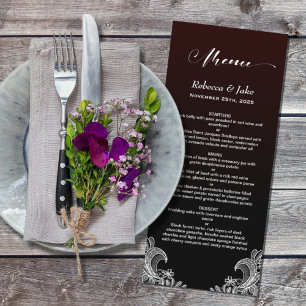 White Lace Black and Burgundy Wedding Menu