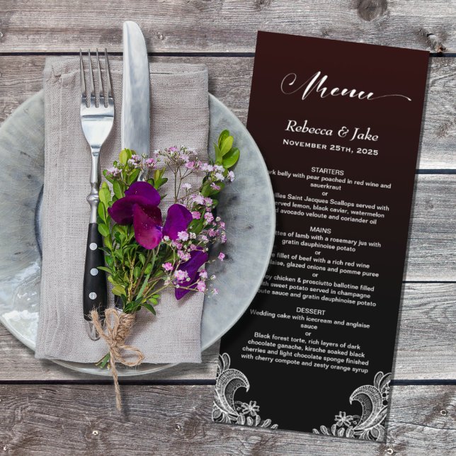 White Lace Black and Burgundy Wedding Menu (Creator Uploaded)