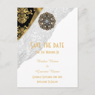 White lace, black and gold damask save the date announcement postcard