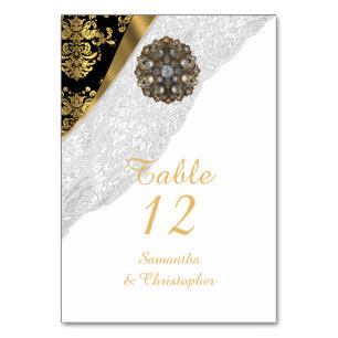 White lace black and gold vintage damask wedding table number