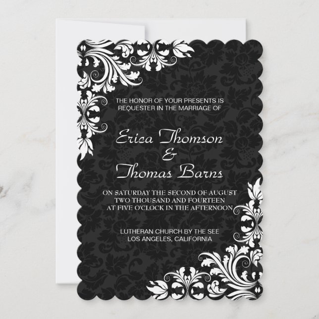 White Lace Black Damasks Wedding Invitation (Front)