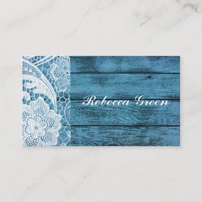 white lace blue barn wood country wedding business card (Front)