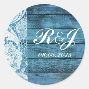 white lace blue barn wood country wedding classic round sticker