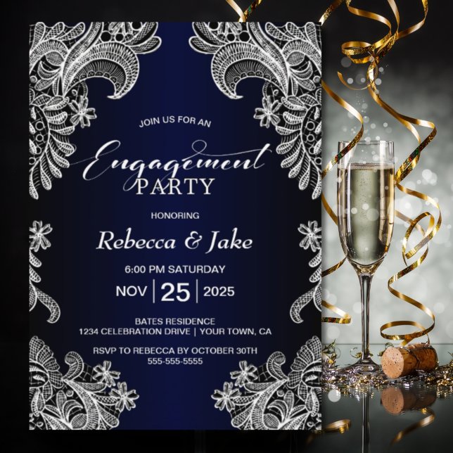 White Lace Blue Engagement Party Invitation (Creator Uploaded)