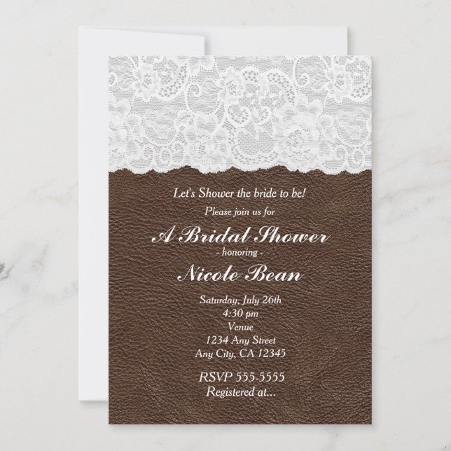 White Lace & Brown Leather Rustic Bridal Shower Invitation (Front)