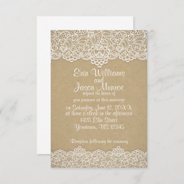 White Lace Brown Paper Wedding Invitation (Front/Back)