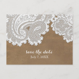 White Lace & Brown Rustic Chic Elegant Wedding Announcement Postcard