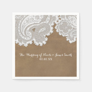White Lace & Brown Rustic Chic Elegant Wedding Napkin