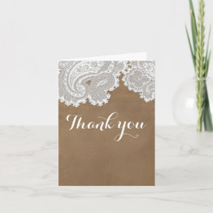 White Lace & Brown Rustic Chic Elegant Wedding Thank You Card