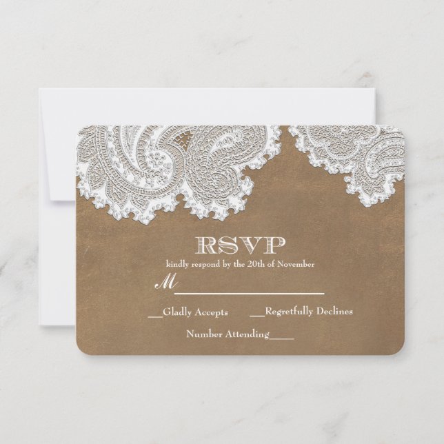 White Lace & Brown Rustic Elegant Wedding RSVP (Front)