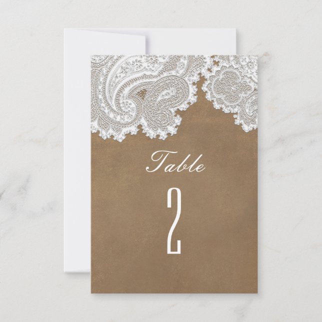White Lace & Brown Rustic Wedding Table Number (Front)