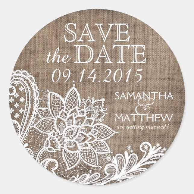 White Lace Burlap Modern Goth Save the Date Label (Front)