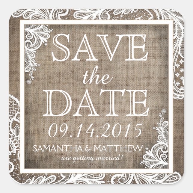 White Lace Burlap Modern Goth Save the Date Label (Front)