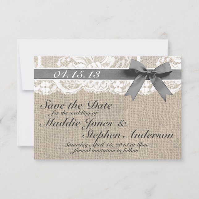 White Lace & Burlap Wedding Save the Date (Front)
