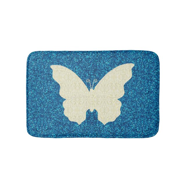 White Lace Butterfly On Blue Glitter Bath Mat (Front)