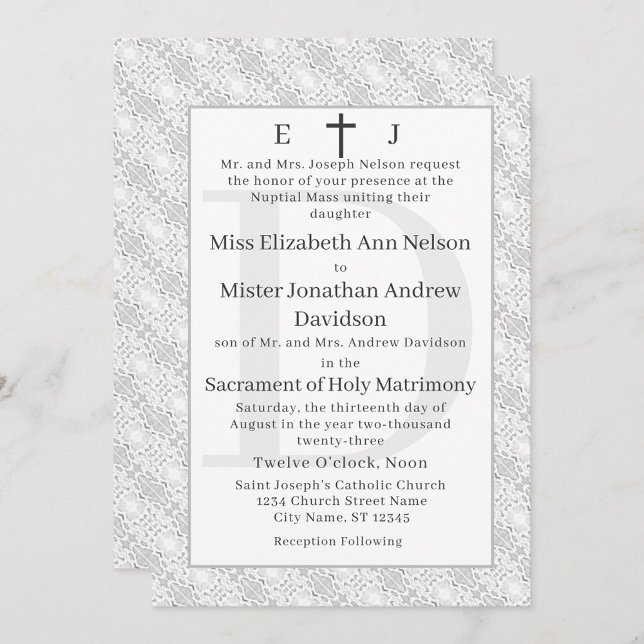 White Lace Catholic Monogrammed Wedding Invitation (Creator Uploaded)