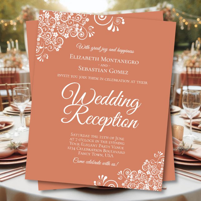 White Lace & Coral BUDGET Wedding Reception Invite (Front/Back)