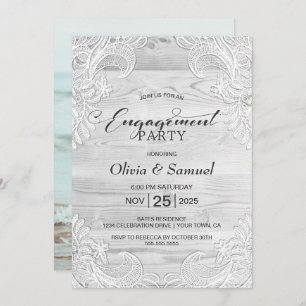 White Lace Custom Photo Wood Engagement Party Invitation