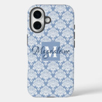 White Lace Damask on Dusty Blue Monogram & Name
