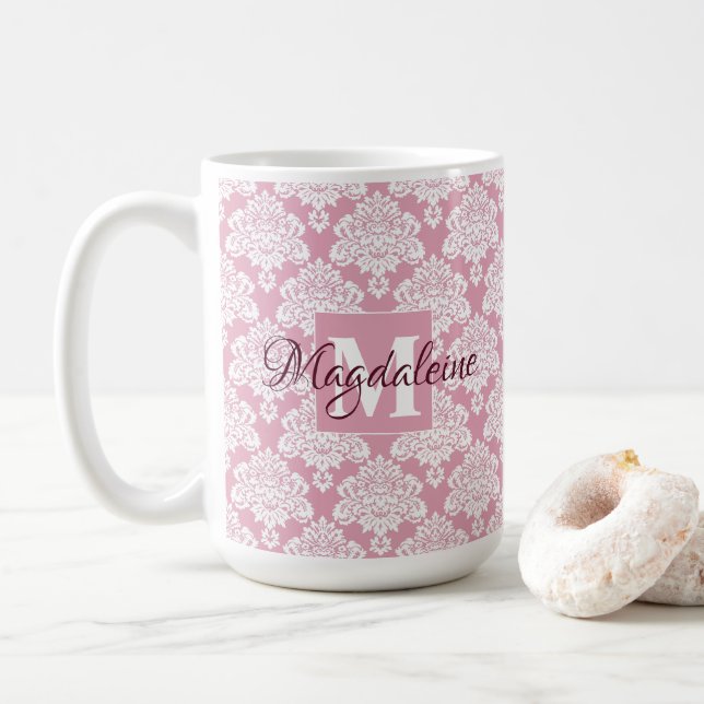 White Lace Damask on Dusty Rose Name & Monogram Coffee Mug (With Donut)