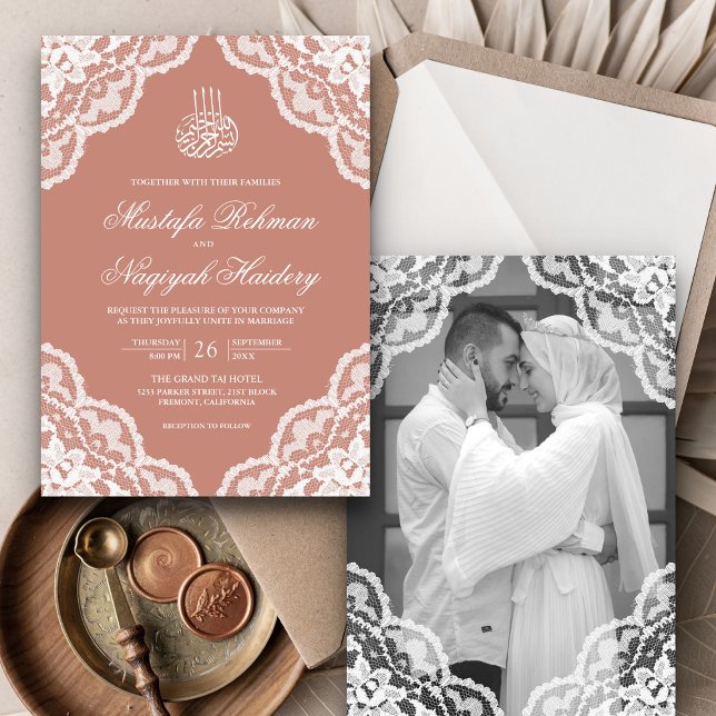 White Lace Dusty Peach Muslim Wedding Photo Invitation (Creator Uploaded)