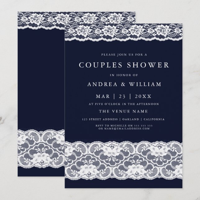 White Lace Elegant Modern Navy Blue Couples Shower Invitation (Front/Back)