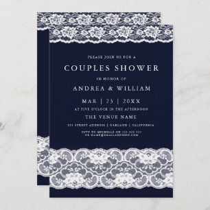 White Lace Elegant Modern Navy Blue Couples Shower Invitation
