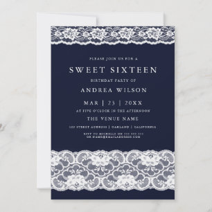 White Lace Elegant Navy Blue Sweet 16 Invite