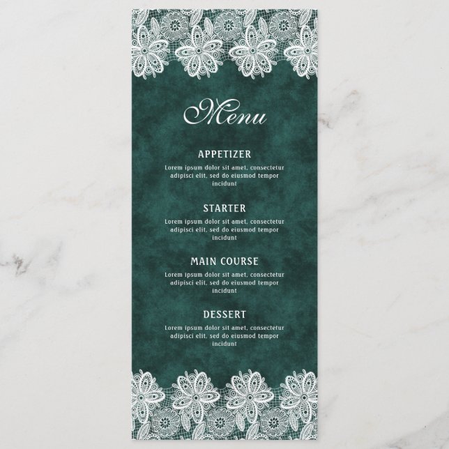 White Lace Emerald Green Faux Velvet Classic Menu (Front)