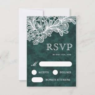 White Lace Emerald Green Velvet Wedding RSVP Card