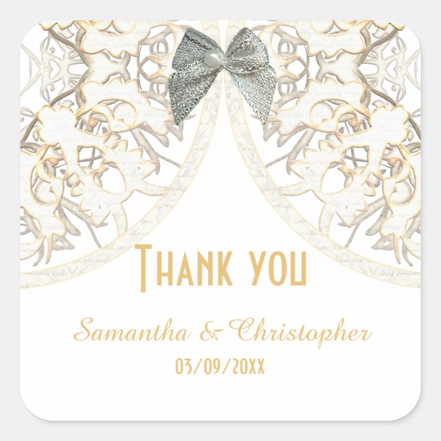 White lace filigree damask pattern thank you square sticker (Front)
