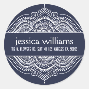 White Lace Floral Paisley Mandala on Royal Blue Classic Round Sticker