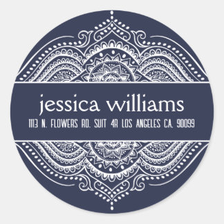 White Lace Floral Paisley Mandala on Royal Blue Classic Round Sticker