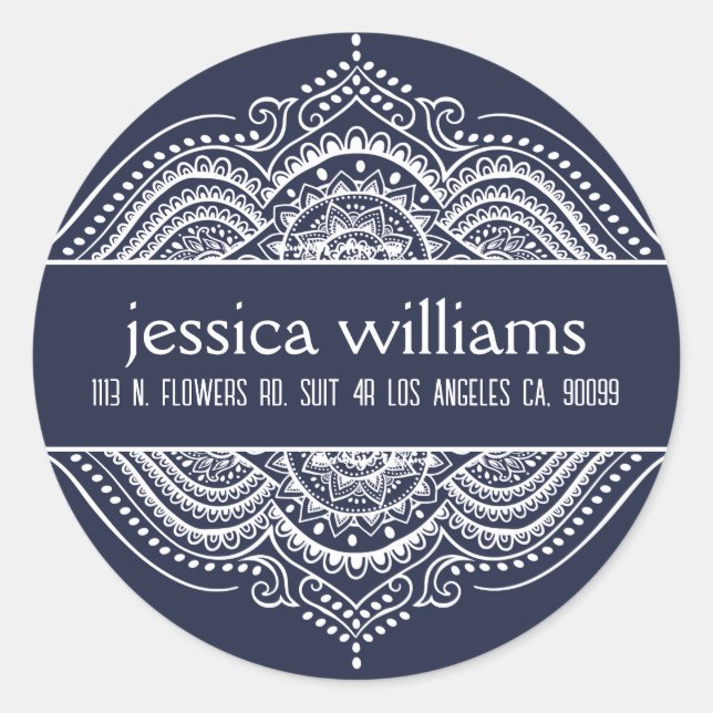White Lace Floral Paisley Mandala on Royal Blue Classic Round Sticker (Front)