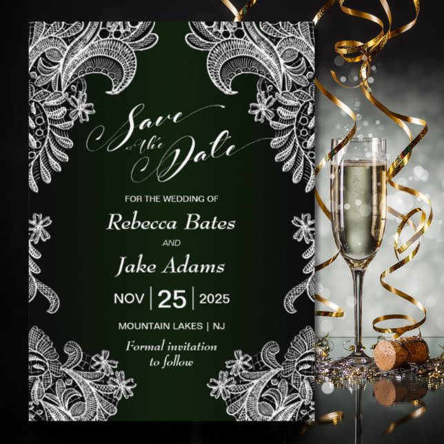 White Lace Forest Green Wedding Save The Date (Creator Uploaded)
