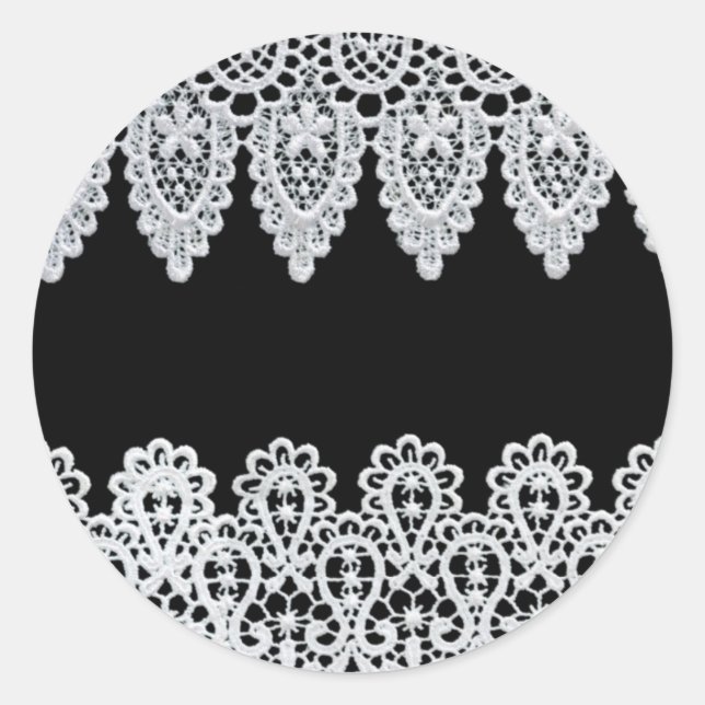 White lace forms a delicate border against black classic round sticker (Front)