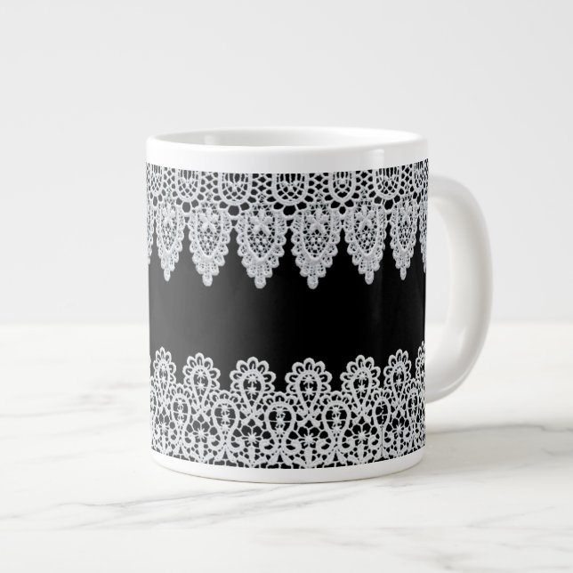 White lace forms a delicate border against black large coffee mug (Front Right)
