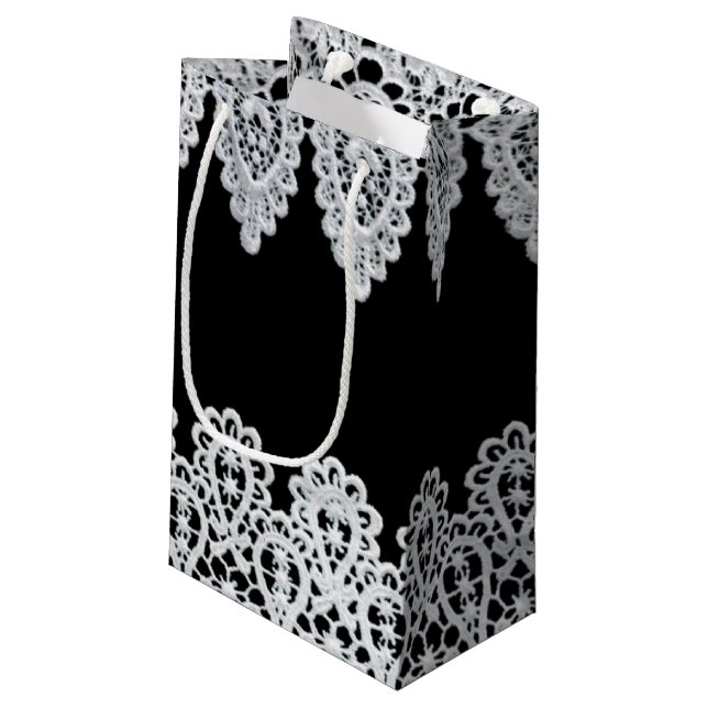 White lace forms a delicate border against black small gift bag (Back Angled)
