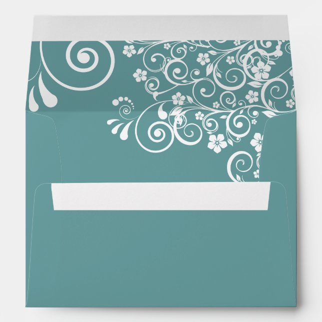 White Lace Frills on Teal Simple Elegant Wedding Envelope (Back (Bottom))